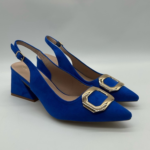 Nicole Miller New York Melrose Blue Faux Suede Slingback Block Heel Pumps 8 NIB - Picture 4 of 13